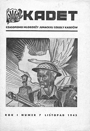 Rysunek Rafała na&nbsp;stronie tytułowej czasopisma Kadet: Rok I&nbsp;numer 7 Listopad 1945  Źródło: Zbiory Główne Centralnej Biblioteki Wojskowej im. Marszałka Józefa Piłsudskiego